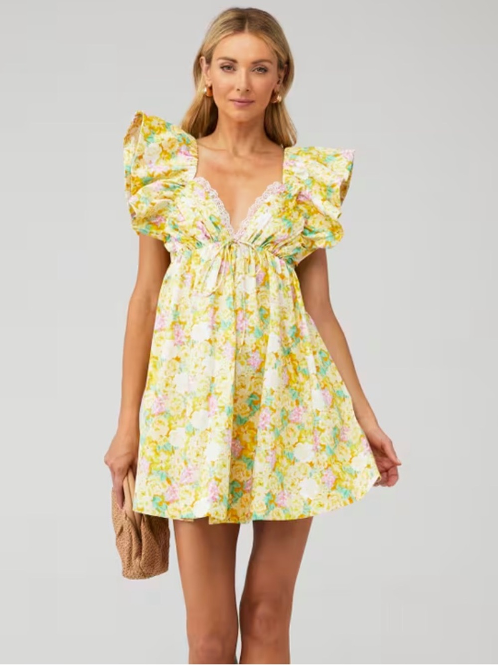 For Love & Lemons Tamra Yellow Floral Cotton Mini Dress Size XS